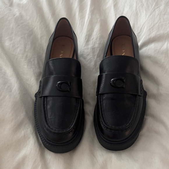 Coach Shoes - Coach Black Leather Penny Loafers with Logo Accent